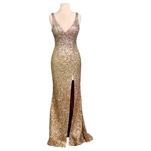 Mac Duggal Gold Sequin V-Neck Side Slit Low Back Formal Gown Dress Slit Size 2**